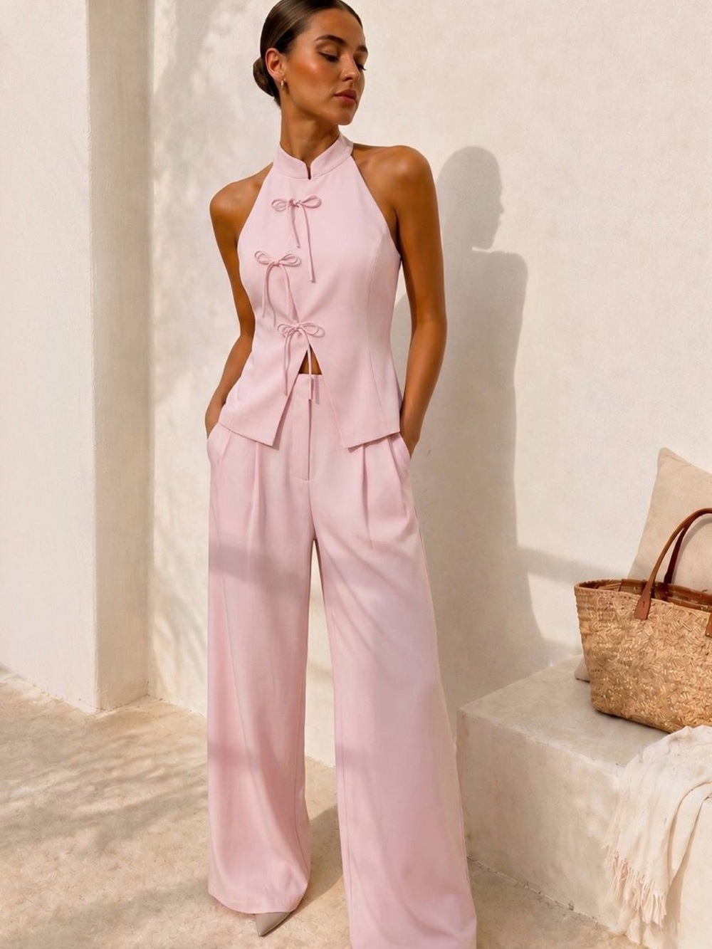 Sleeveless Halter Wide-Leg Jumpsuit in Soft Pink